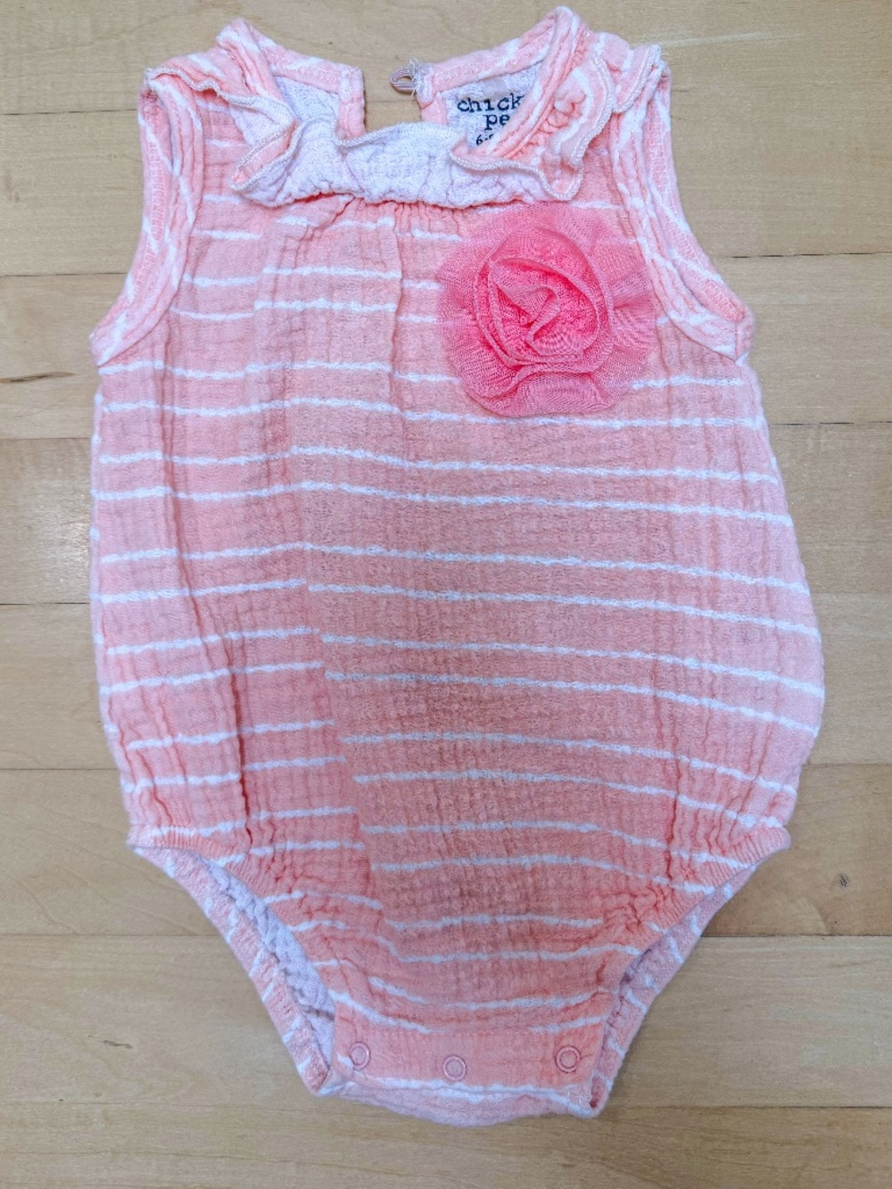 Chick Pea Baby Girl Romper Pink with White Stripes and Ruffle.